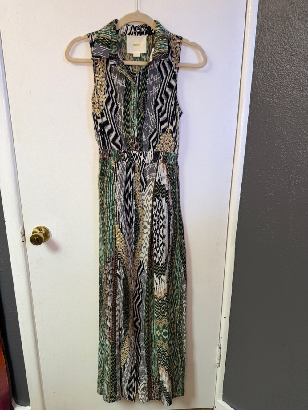 100% Silk Maeve Multicolor Printed Maxi Dress with Green, Black & Cream Accents